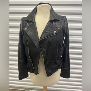 Aqua Black Leather Jacket with Silver Zipper
